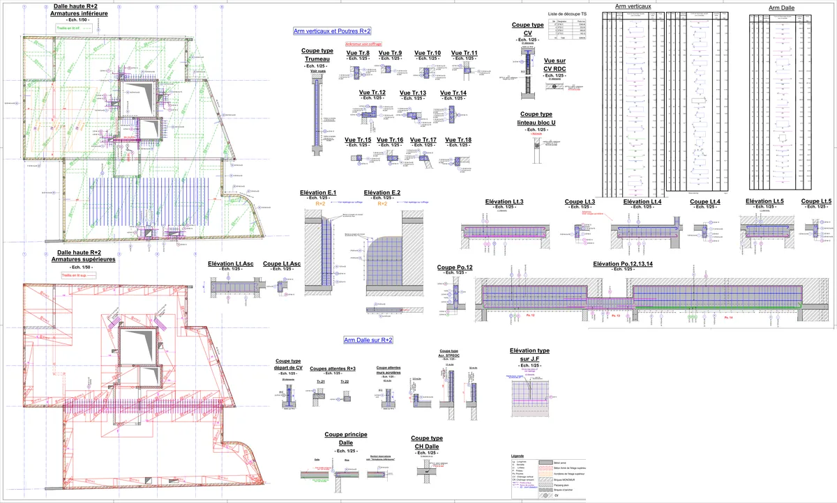 Planche d'armatures de dalle, voiles et poutres