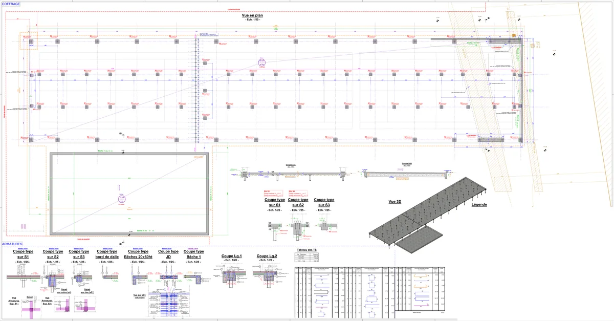 Planche coffrage et armatures de la dalle de terrains de padel